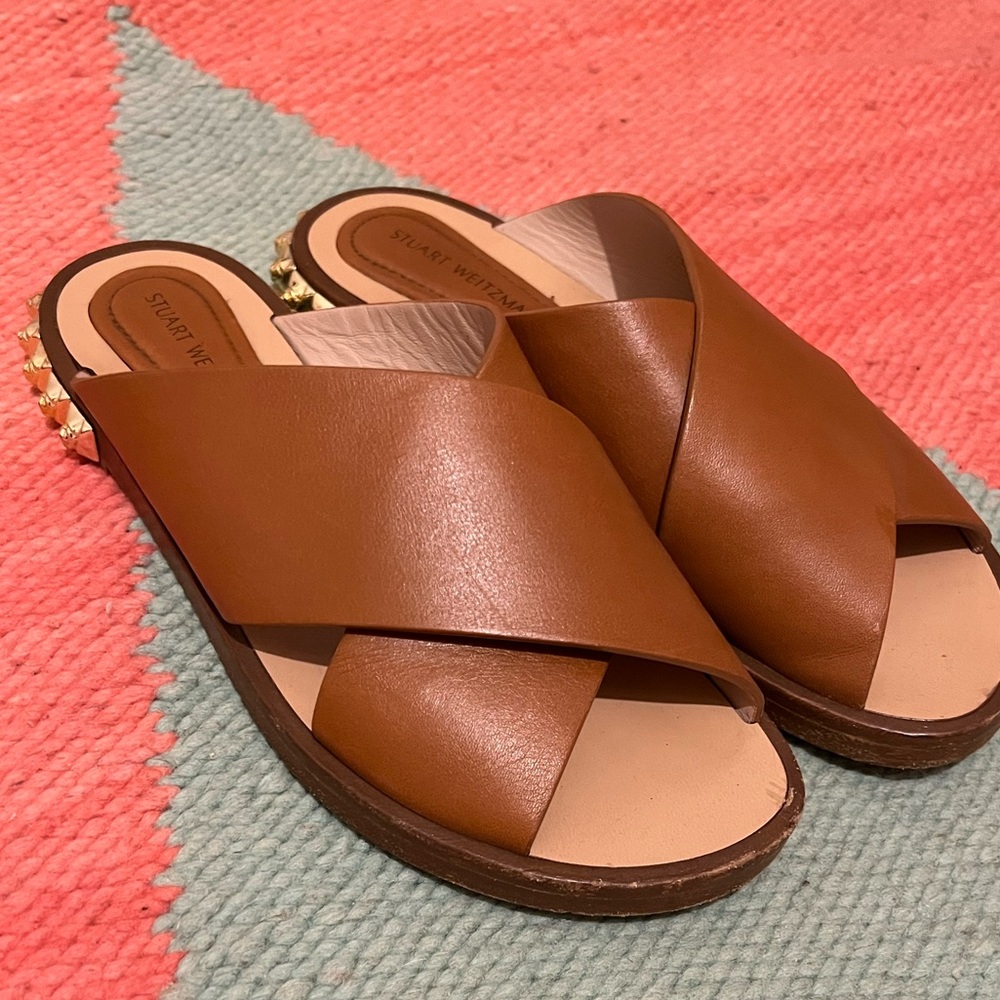 Stuart Weitzman Brown and Gold Rose Sandals